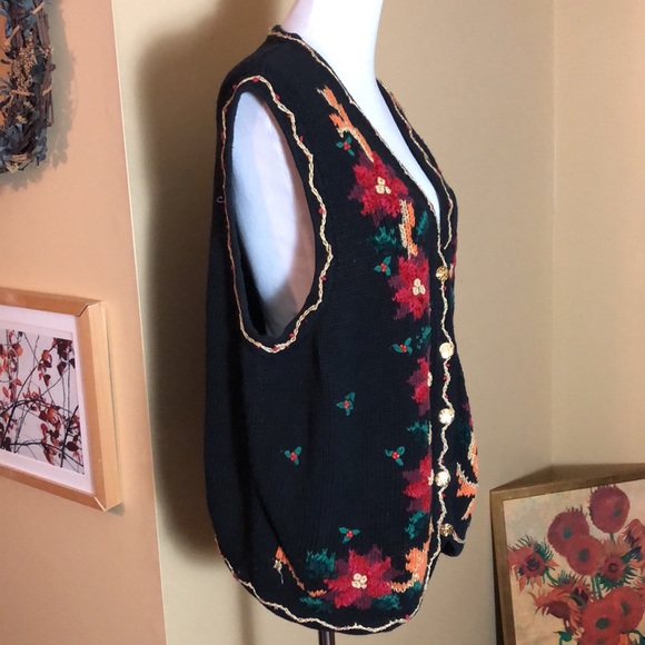 Vintage ERIKA II HandKnit 3X Cotton Ramie Holiday Sweater Poinsettia Holly NEW - Picture 2 of 16